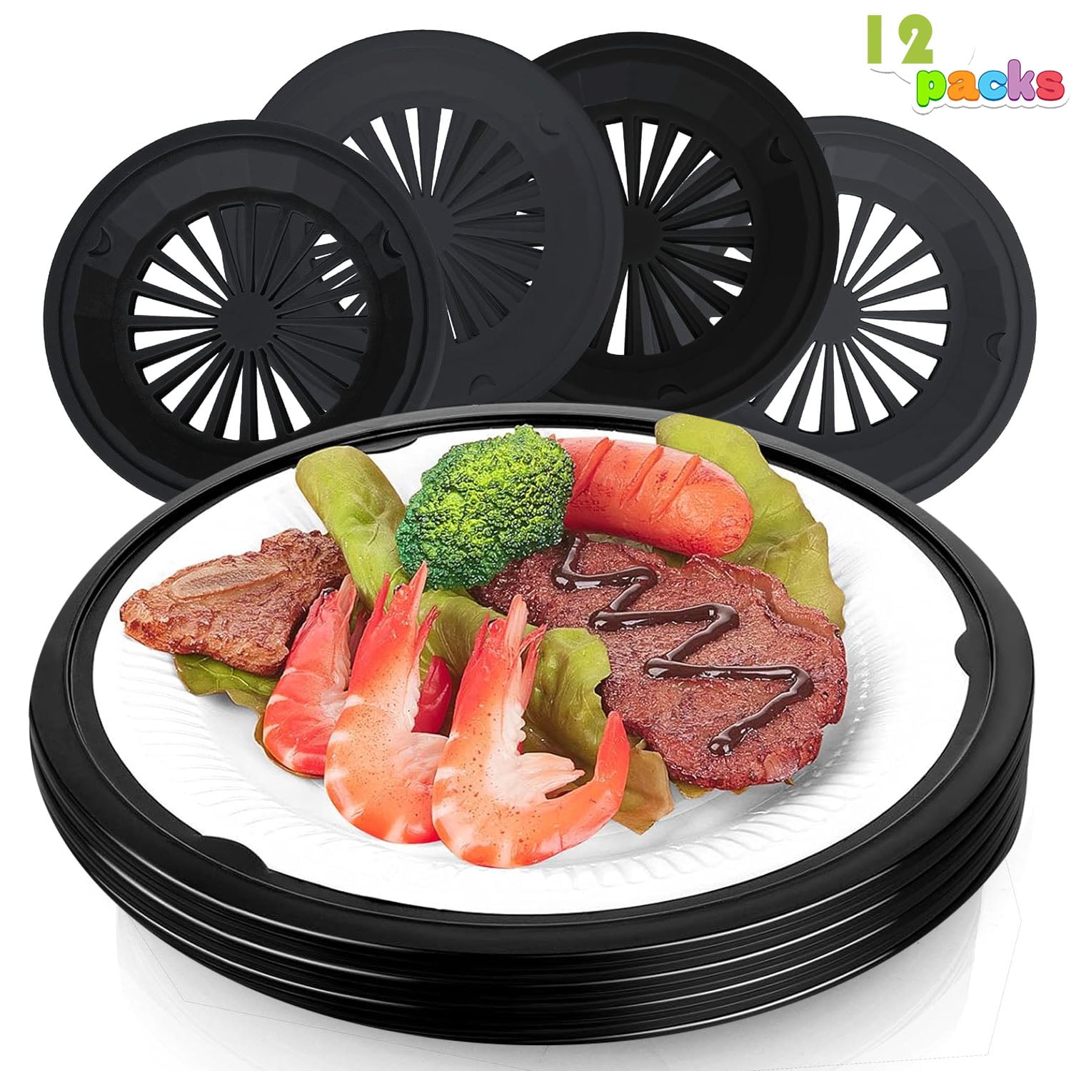 Paper Plate Holders Reusable 10 inch Plastic W/Snap in Grooves, Holds 9-inch Round Plates for Picnics, BBQ, Birthday, Camping Trips, Parties, Holiday Supplies (12 Count Black Color)